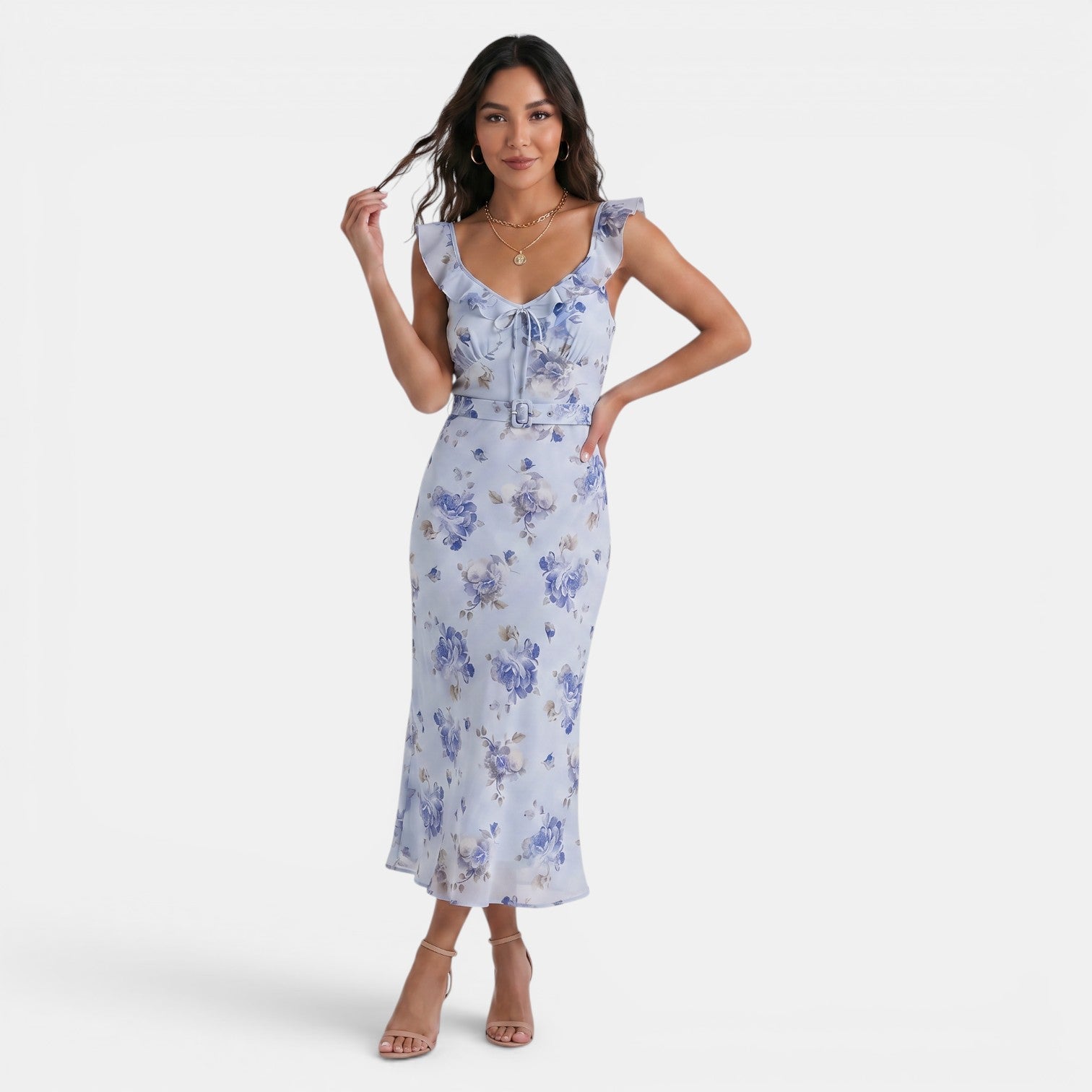Vestido largo con estampado floral y ribete de volantes para mujer-Maxi Dress-Casaluzia