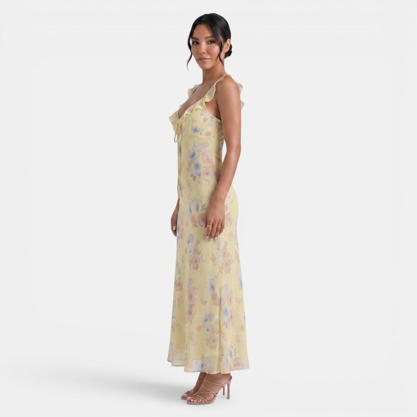 Vestido largo con estampado floral y ribete de volantes para mujer-Maxi Dress-Casaluzia