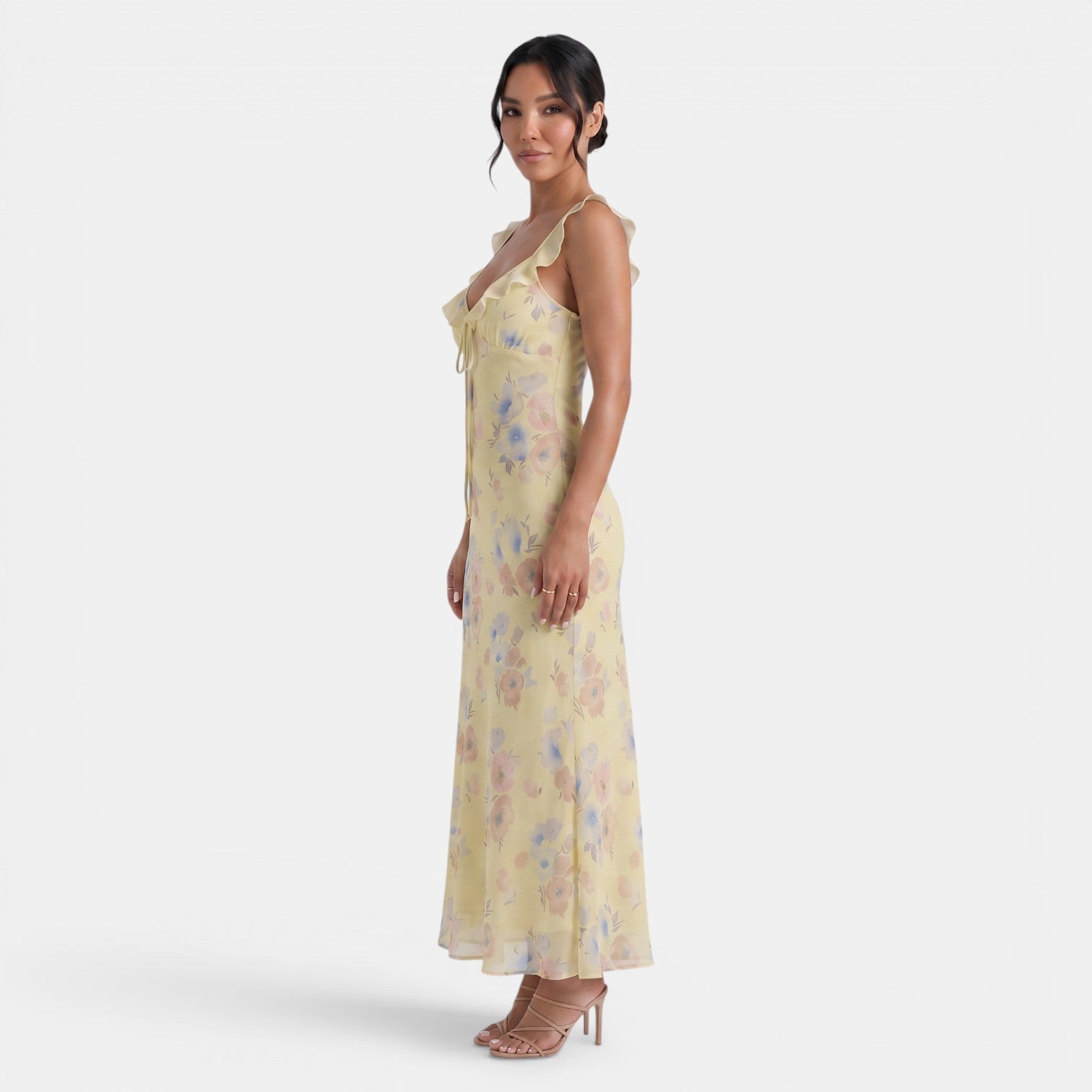Vestido largo con estampado floral y ribete de volantes para mujer-Maxi Dress-Casaluzia