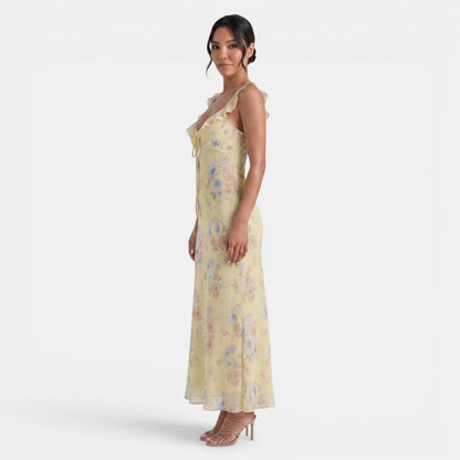 Vestido largo con estampado floral y ribete de volantes para mujer-Maxi Dress-Casaluzia
