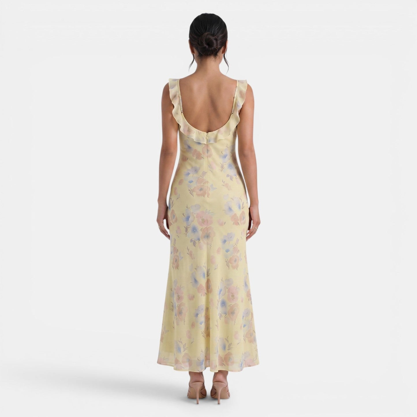 Vestido largo con estampado floral y ribete de volantes para mujer-Maxi Dress-Casaluzia
