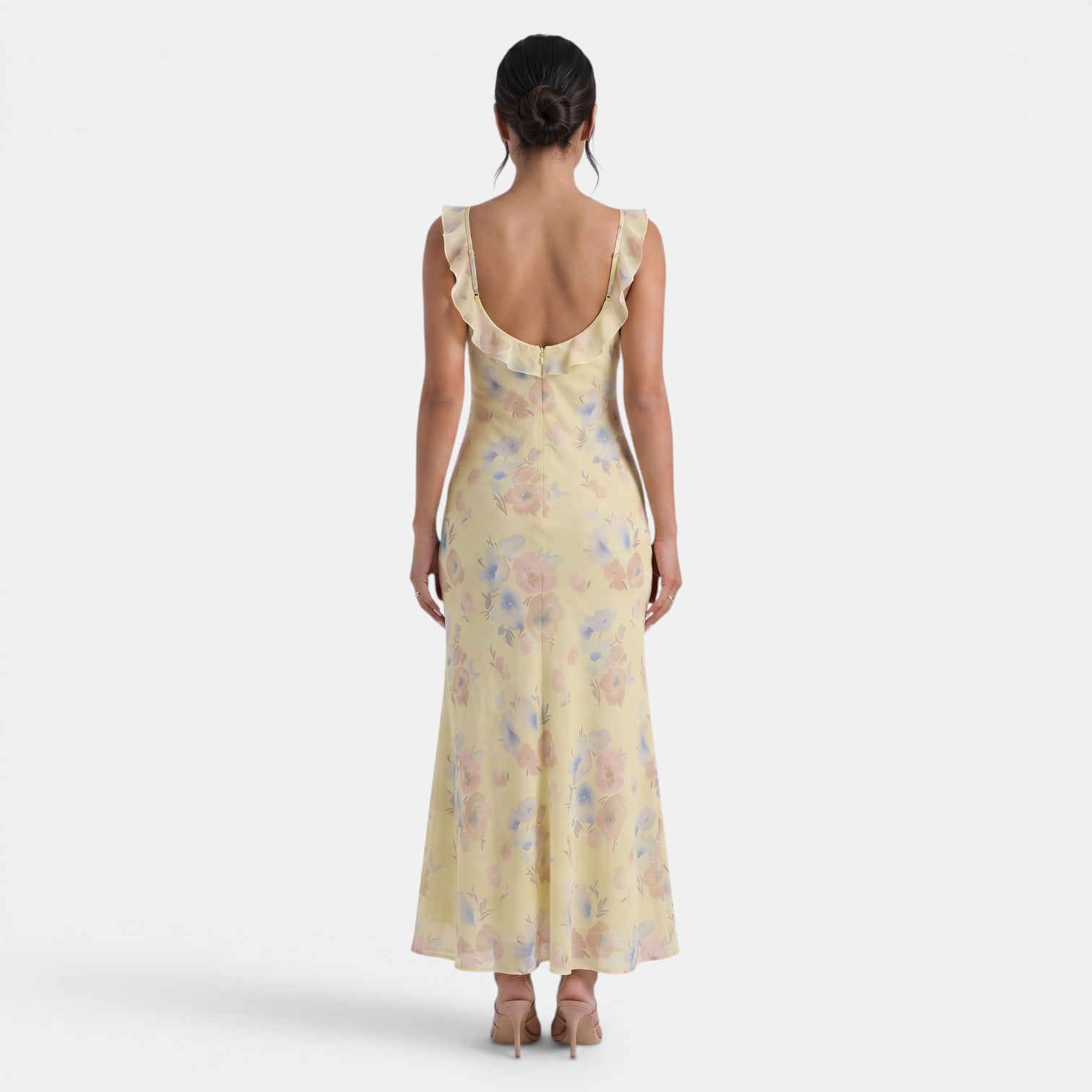 Vestido largo con estampado floral y ribete de volantes para mujer-Maxi Dress-Casaluzia