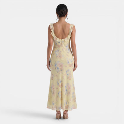 Vestido largo con estampado floral y ribete de volantes para mujer-Maxi Dress-Casaluzia