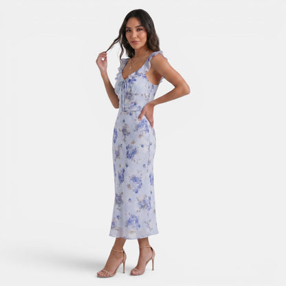 Vestido largo con estampado floral y ribete de volantes para mujer-Maxi Dress-Casaluzia