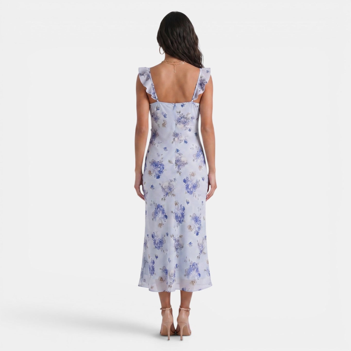Vestido largo con estampado floral y ribete de volantes para mujer-Maxi Dress-Casaluzia