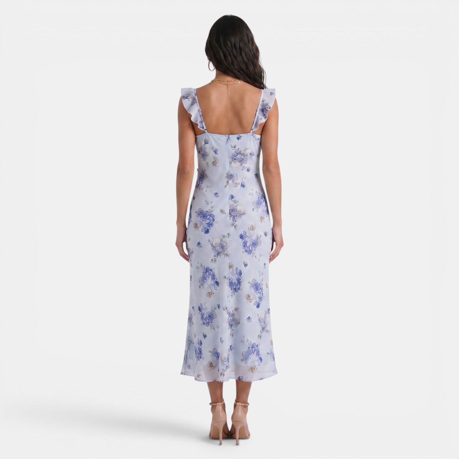 Vestido largo con estampado floral y ribete de volantes para mujer-Maxi Dress-Casaluzia