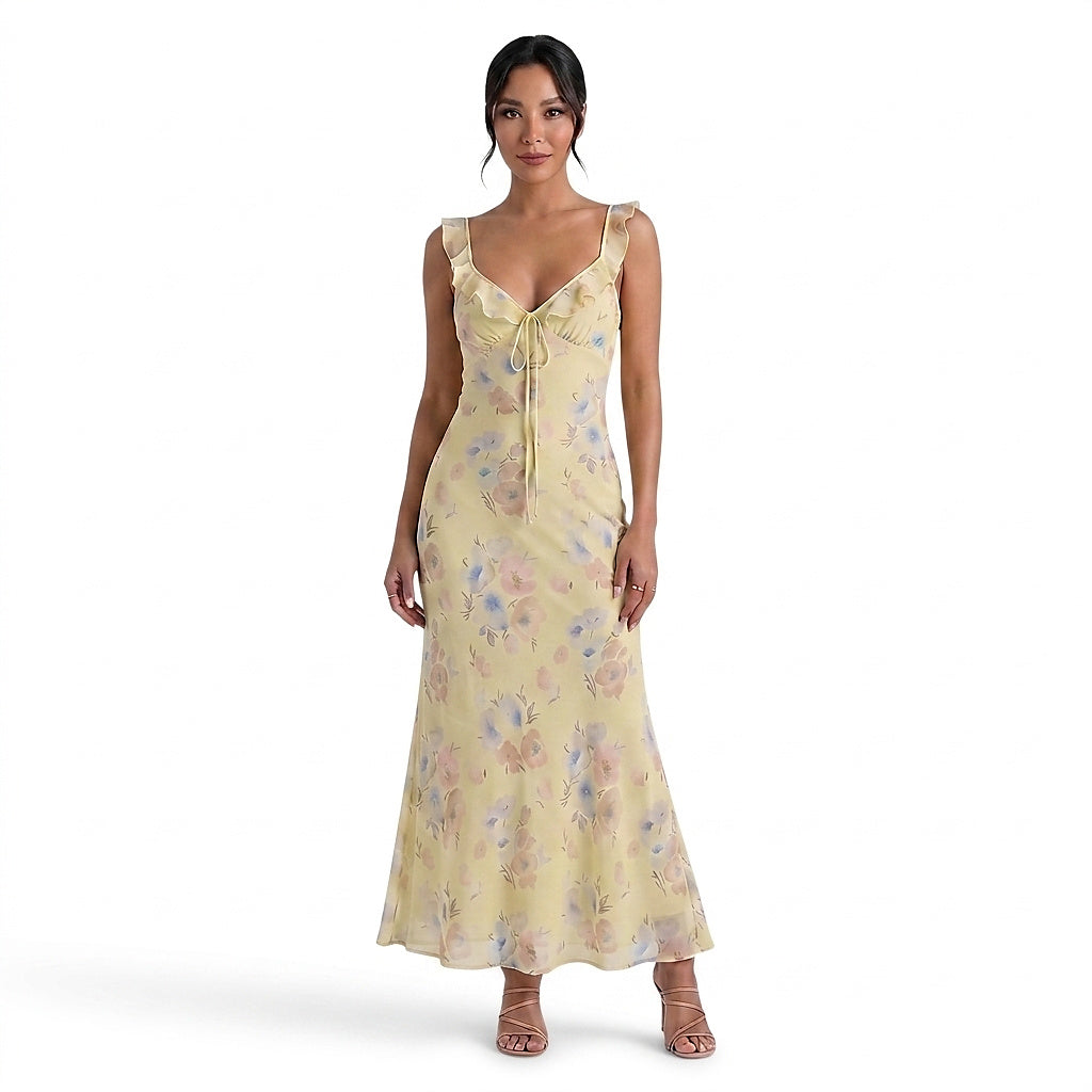 Vestido largo con estampado floral y ribete de volantes para mujer-Maxi Dress-Casaluzia