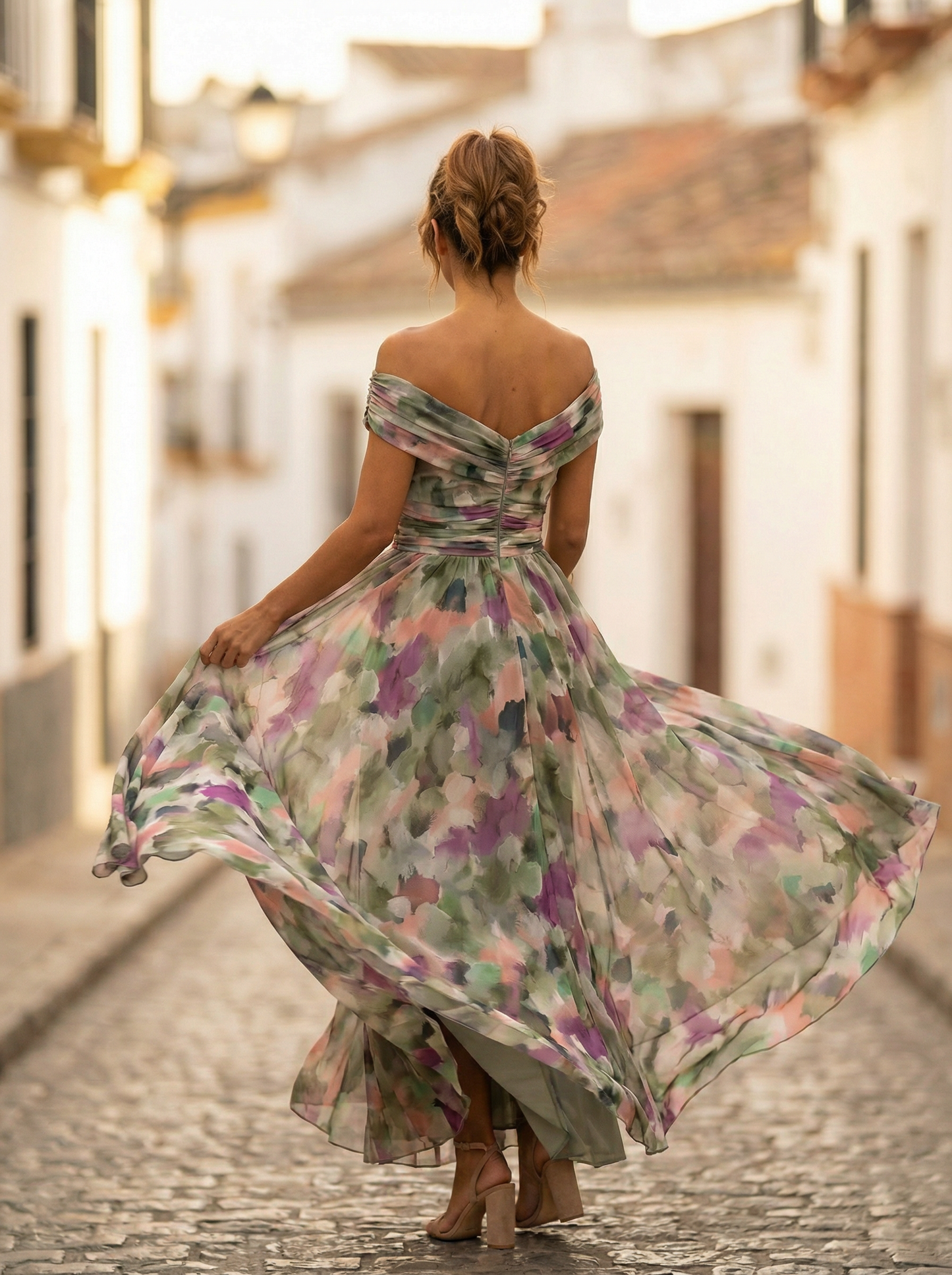 Vestido largo de hombros descubiertos para mujer con cintura fruncida-Maxi Dress-Casaluzia