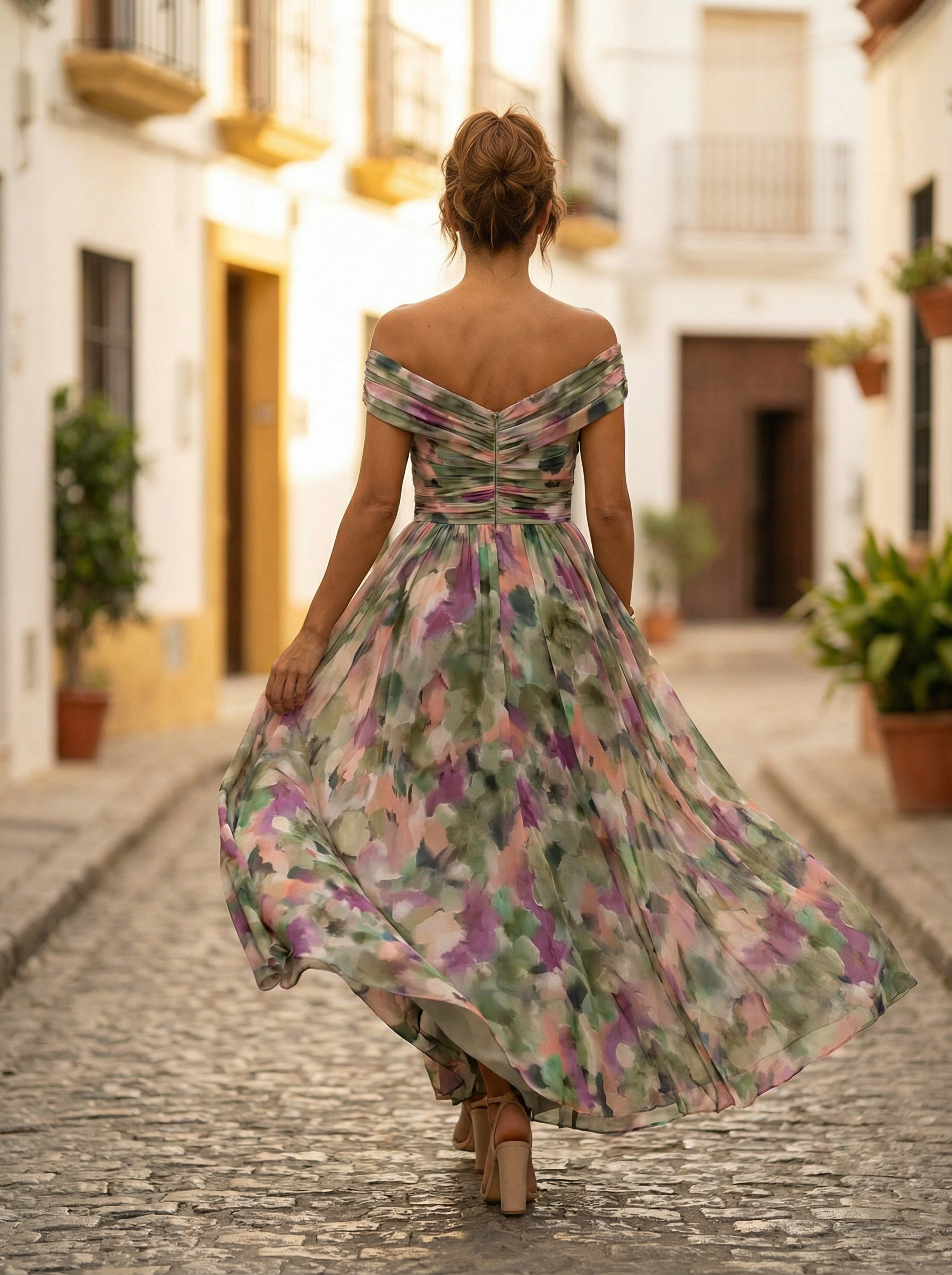 Vestido largo de hombros descubiertos para mujer con cintura fruncida-Maxi Dress-Casaluzia
