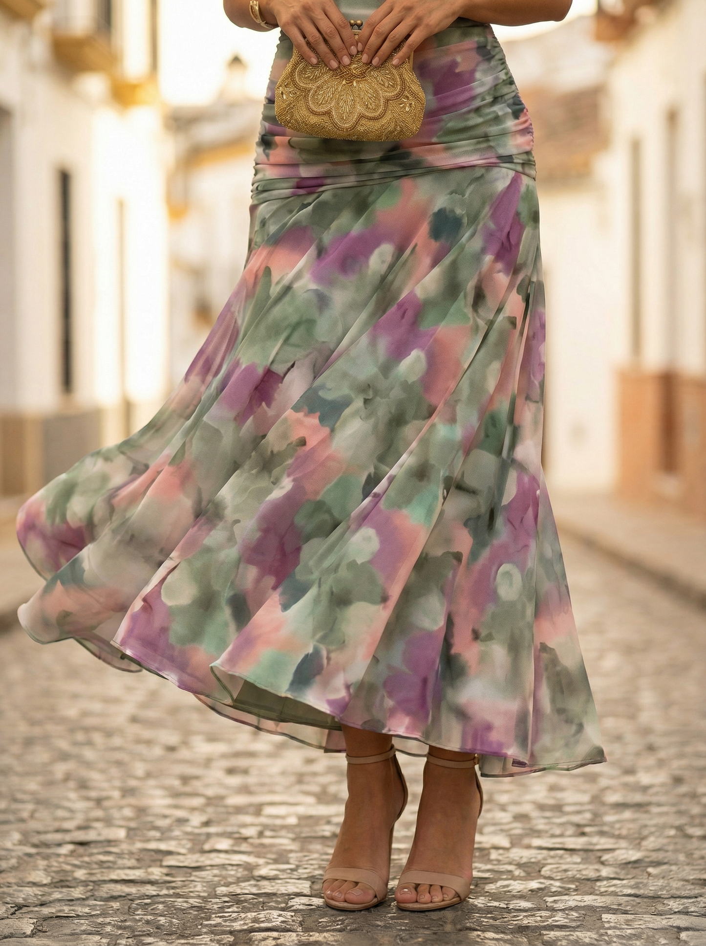 Vestido largo de hombros descubiertos para mujer con cintura fruncida-Maxi Dress-Casaluzia