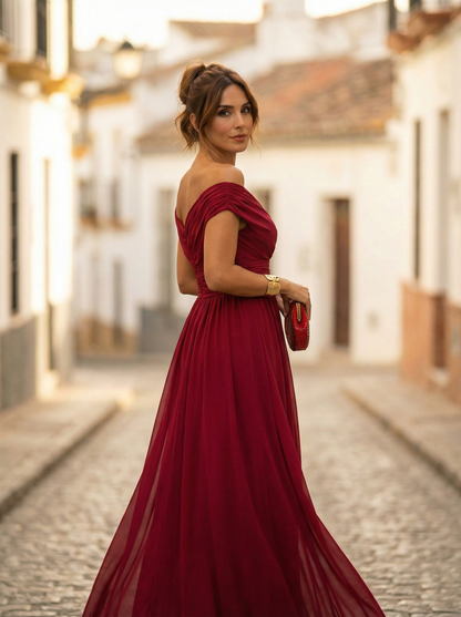 Vestido largo de hombros descubiertos para mujer con cintura fruncida-Maxi Dress-Casaluzia