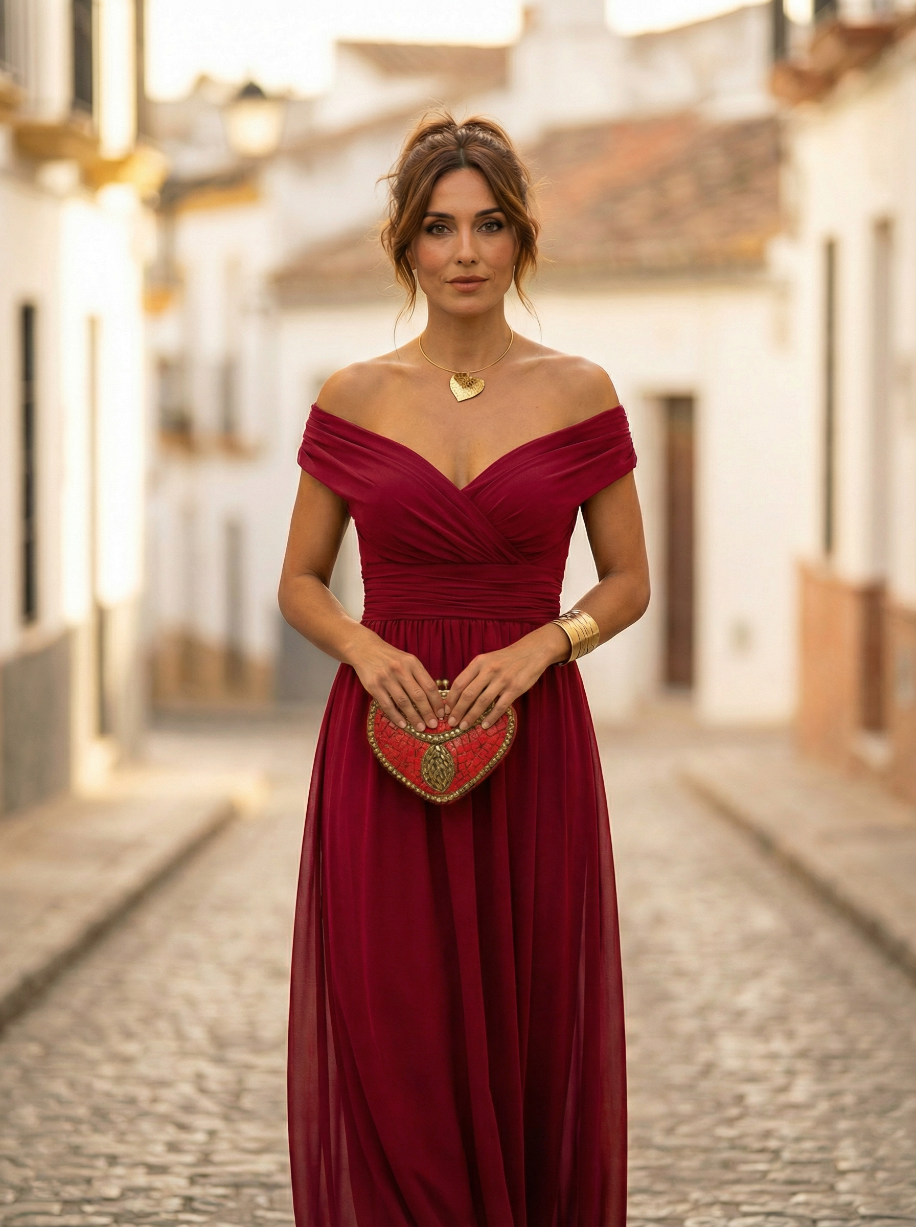 Vestido largo de hombros descubiertos para mujer con cintura fruncida-Maxi Dress-Casaluzia