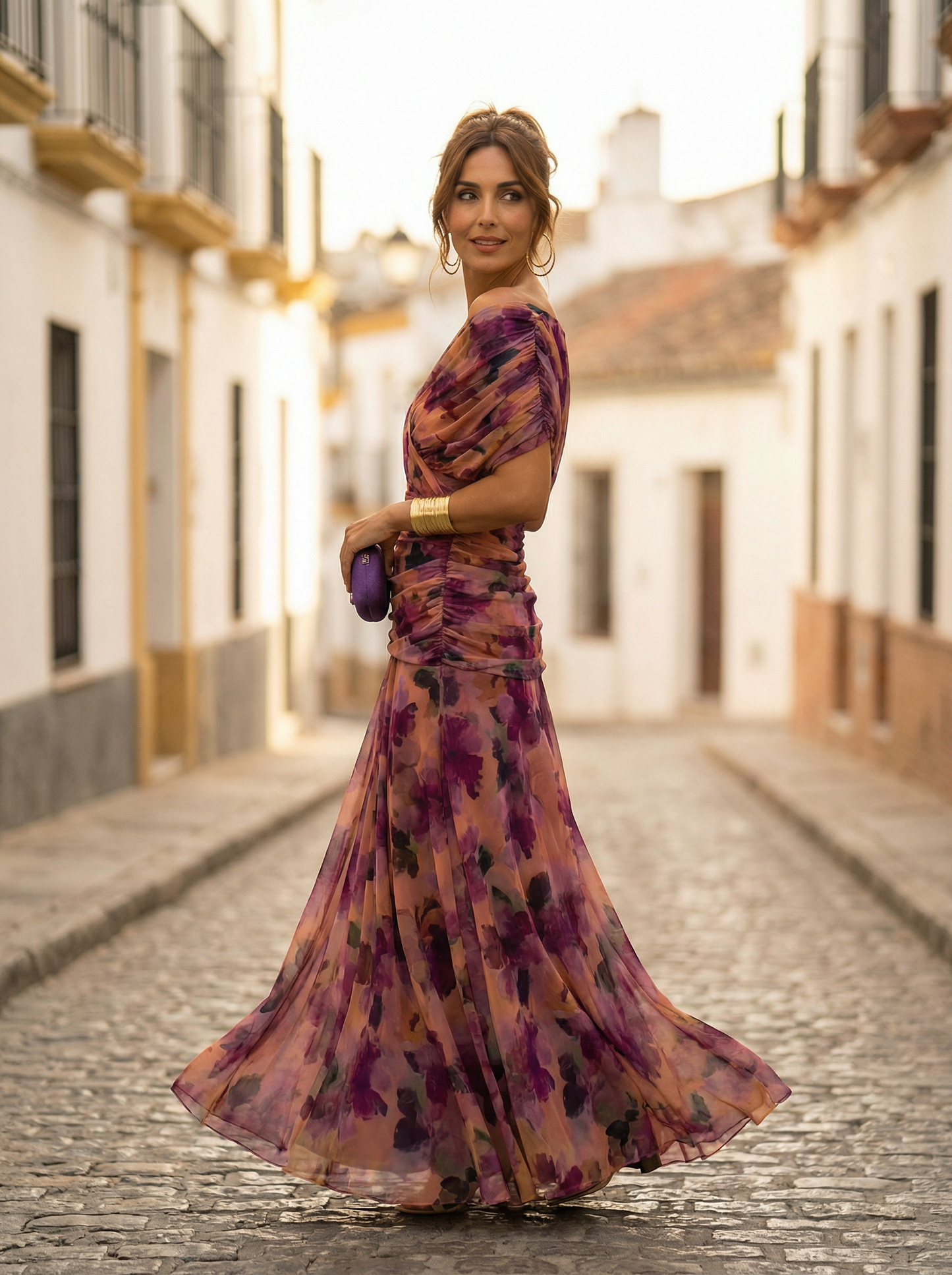Vestido largo de hombros descubiertos para mujer con cintura fruncida-Maxi Dress-Casaluzia