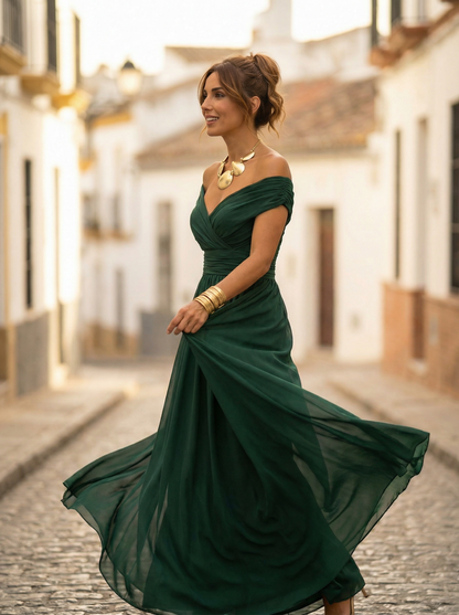 Vestido largo de hombros descubiertos para mujer con cintura fruncida-Maxi Dress-Casaluzia