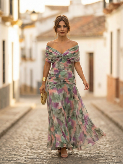 Vestido largo de hombros descubiertos para mujer con cintura fruncida-Maxi Dress-Casaluzia