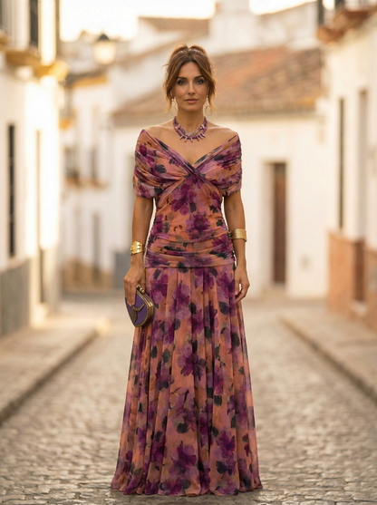 Vestido largo de hombros descubiertos para mujer con cintura fruncida-Maxi Dress-Casaluzia