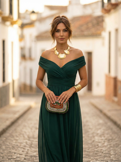 Vestido largo de hombros descubiertos para mujer con cintura fruncida-Maxi Dress-Casaluzia