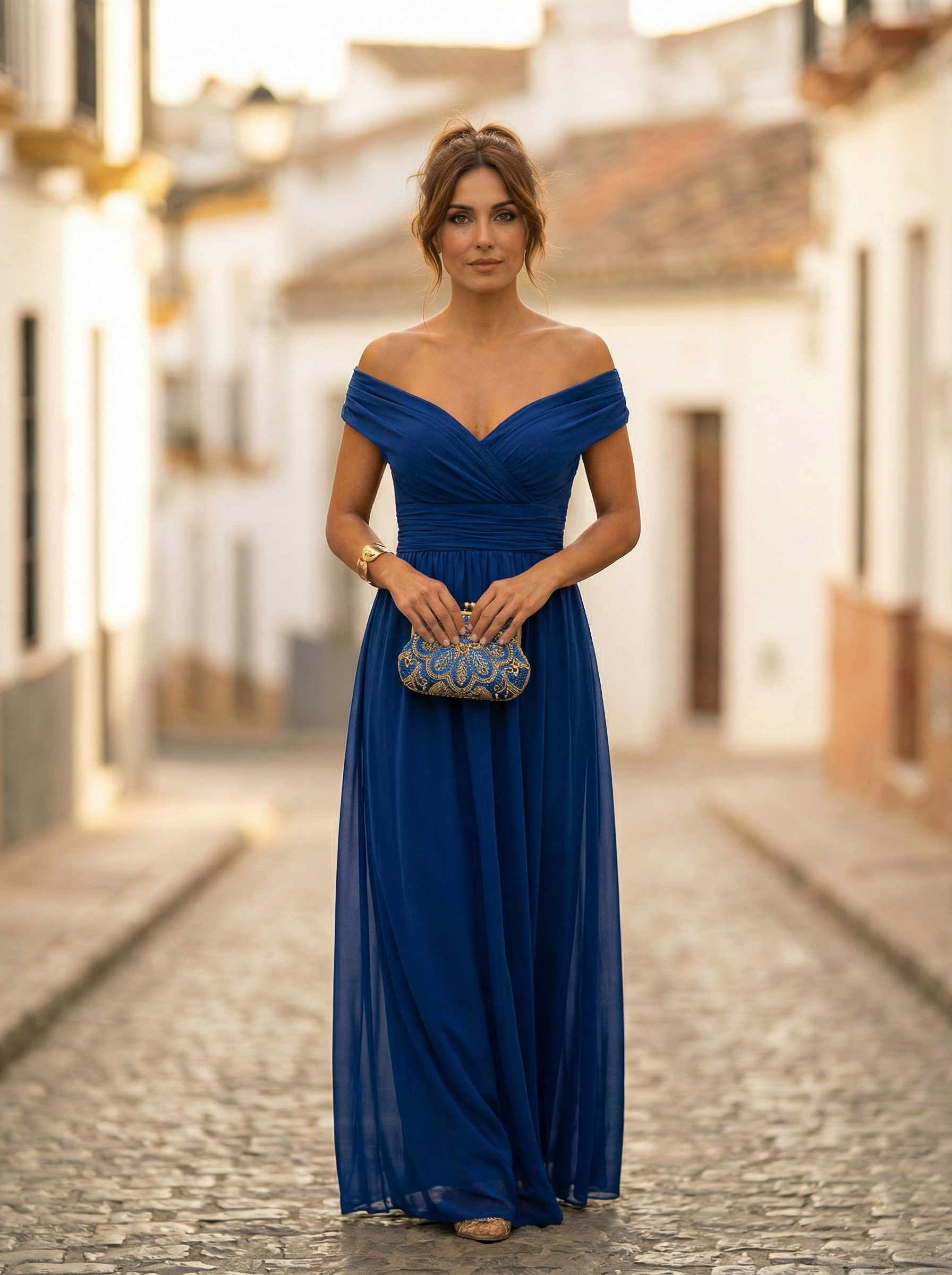 Vestido largo de hombros descubiertos para mujer con cintura fruncida-Maxi Dress-Casaluzia