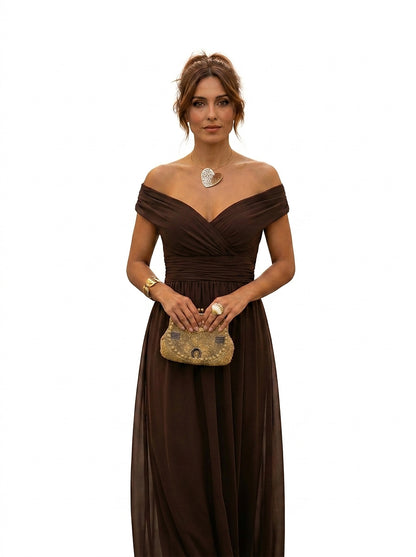 Vestido largo de hombros descubiertos para mujer con cintura fruncida-Maxi Dress-Casaluzia