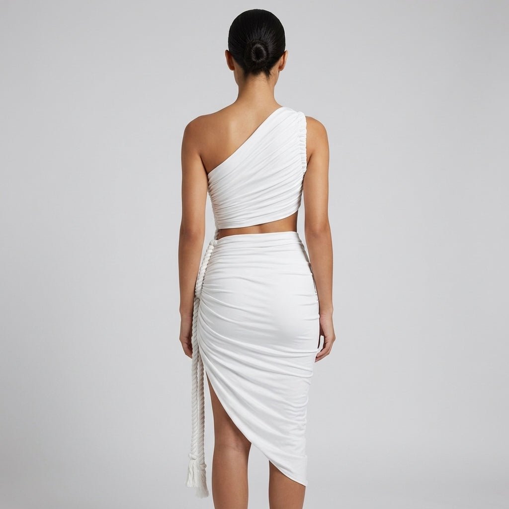 Vestido largo de mujer asimétrico de un hombro con frunces-Maxi Dress-Casaluzia