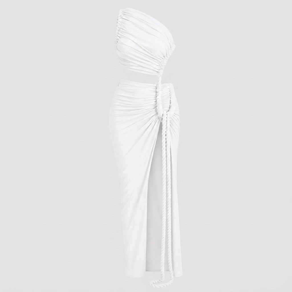 Vestido largo de mujer asimétrico de un hombro con frunces-Maxi Dress-Casaluzia