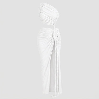 Vestido largo de mujer asimétrico de un hombro con frunces-Maxi Dress-Casaluzia