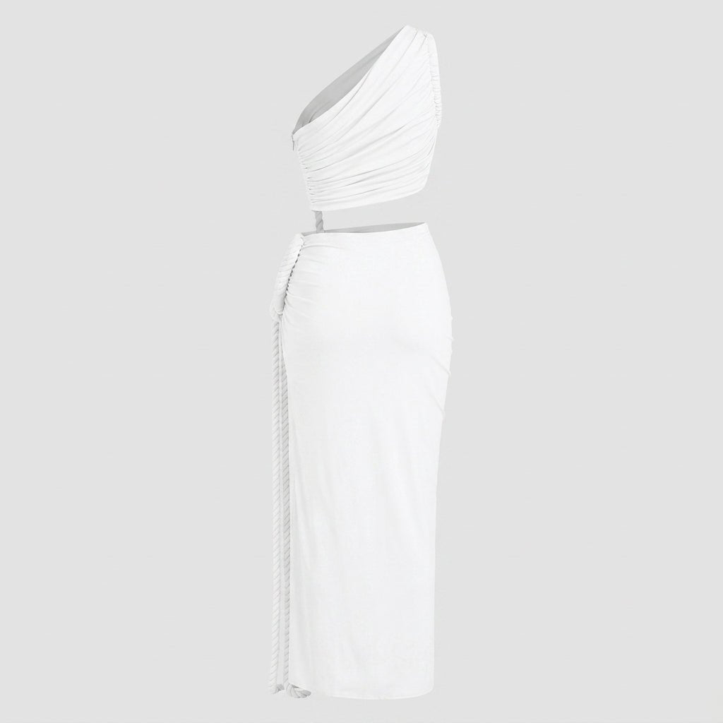 Vestido largo de mujer asimétrico de un hombro con frunces-Maxi Dress-Casaluzia