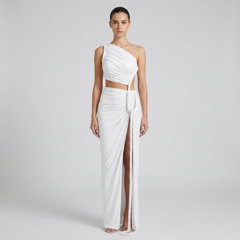 Vestido largo de mujer asimétrico de un hombro con frunces-Maxi Dress-Casaluzia