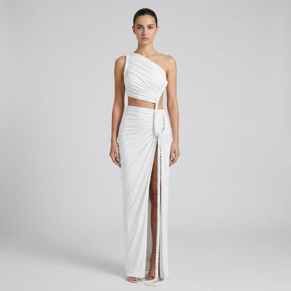 Vestido largo de mujer asimétrico de un hombro con frunces-Maxi Dress-Casaluzia