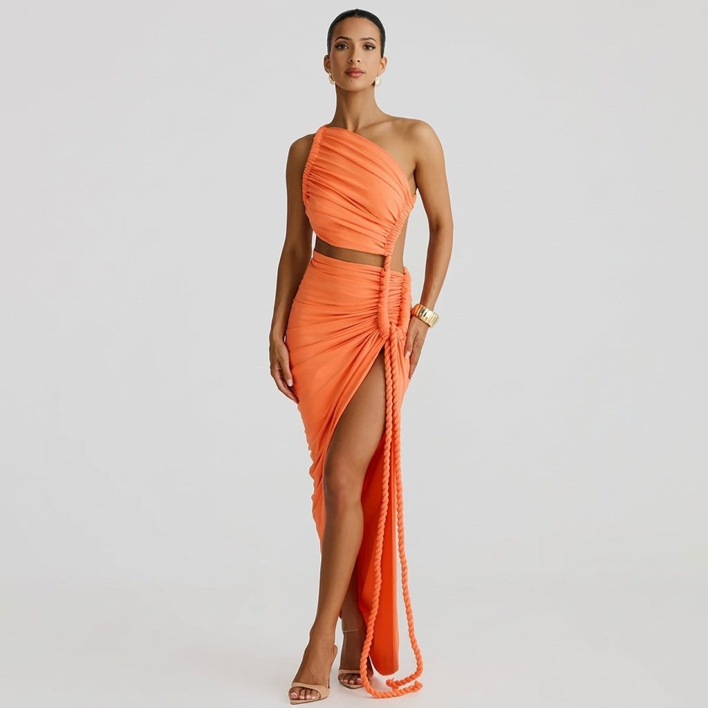 Vestido largo de mujer asimétrico de un hombro con frunces-Maxi Dress-Casaluzia