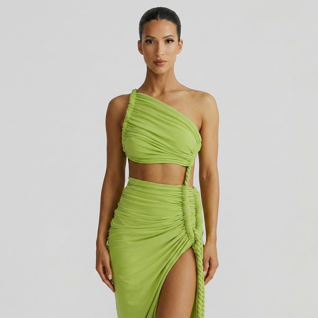 Vestido largo de mujer asimétrico de un hombro con frunces-Maxi Dress-Casaluzia