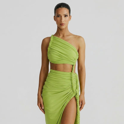 Vestido largo de mujer asimétrico de un hombro con frunces-Maxi Dress-Casaluzia