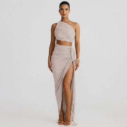 Vestido largo de mujer asimétrico de un hombro con frunces-Maxi Dress-Casaluzia