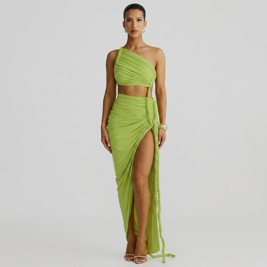 Vestido largo de mujer asimétrico de un hombro con frunces-Maxi Dress-Casaluzia