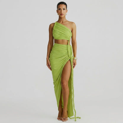 Vestido largo de mujer asimétrico de un hombro con frunces-Maxi Dress-Casaluzia