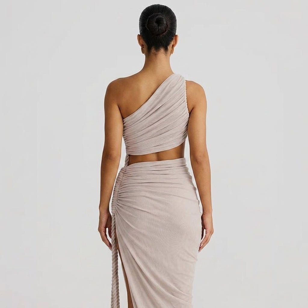 Vestido largo de mujer asimétrico de un hombro con frunces-Maxi Dress-Casaluzia