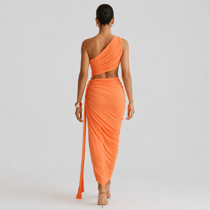 Vestido largo de mujer asimétrico de un hombro con frunces-Maxi Dress-Casaluzia