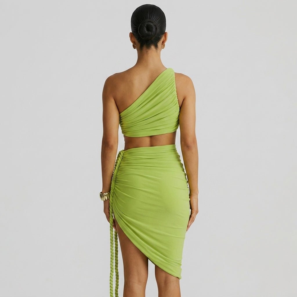 Vestido largo de mujer asimétrico de un hombro con frunces-Maxi Dress-Casaluzia