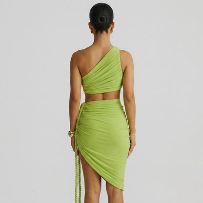 Vestido largo de mujer asimétrico de un hombro con frunces-Maxi Dress-Casaluzia