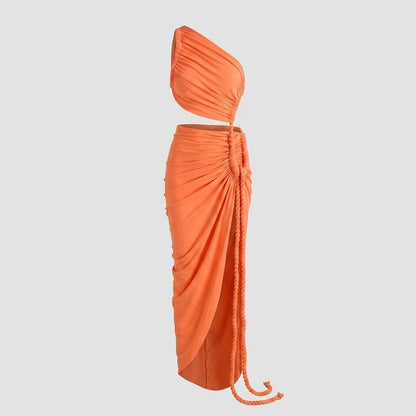 Vestido largo de mujer asimétrico de un hombro con frunces-Maxi Dress-Casaluzia