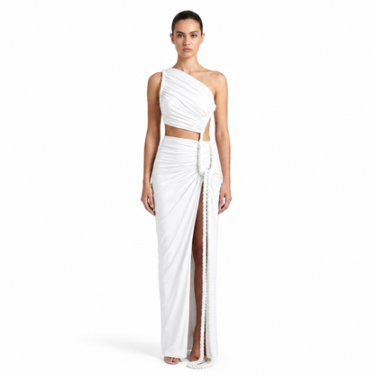 Vestido largo de mujer asimétrico de un hombro con frunces-Maxi Dress-Casaluzia