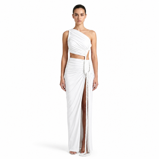 Vestido largo de mujer asimétrico de un hombro con frunces-Maxi Dress-Casaluzia