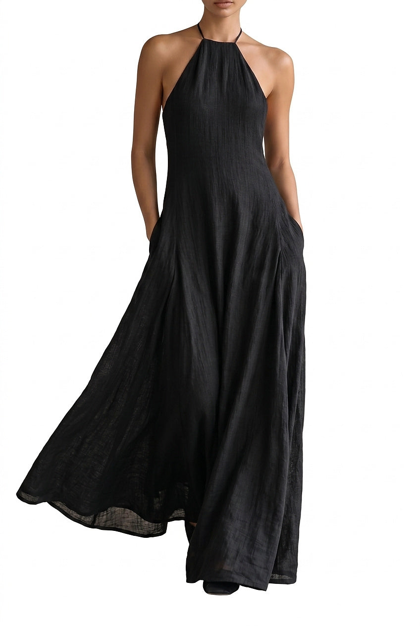 Vestido largo de mujer con cuello halter y bolsillos laterales-Maxi Dress-Casaluzia