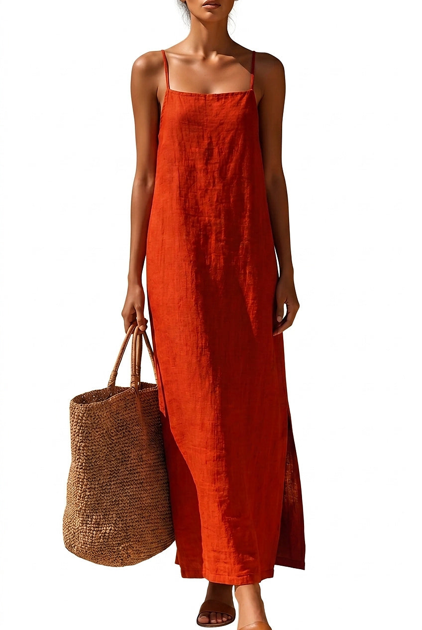 Vestido largo de mujer con tirantes finos y abertura lateral-Maxi Dress-Casaluzia