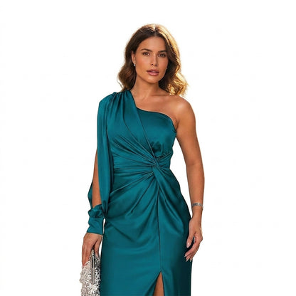 Vestido largo de mujer con un hombro al descubierto y nudo en la cintura-Maxi Dress-Casaluzia