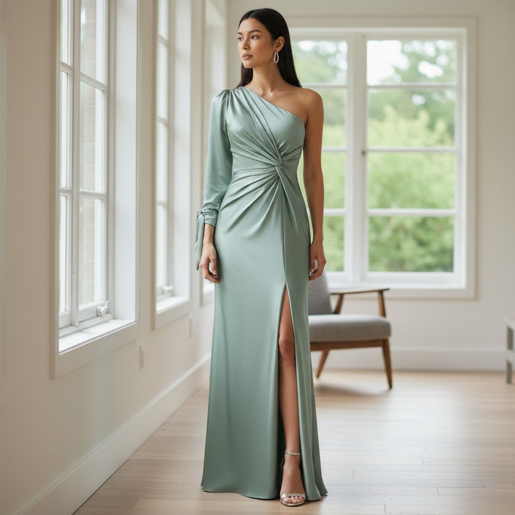 Vestido largo de mujer con un hombro al descubierto y nudo en la cintura-Maxi Dress-Casaluzia