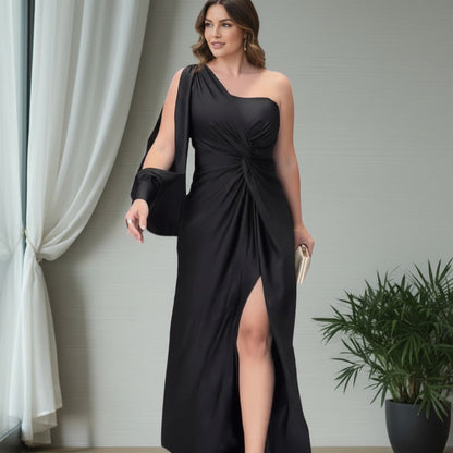 Vestido largo de mujer con un hombro al descubierto y nudo en la cintura-Maxi Dress-Casaluzia