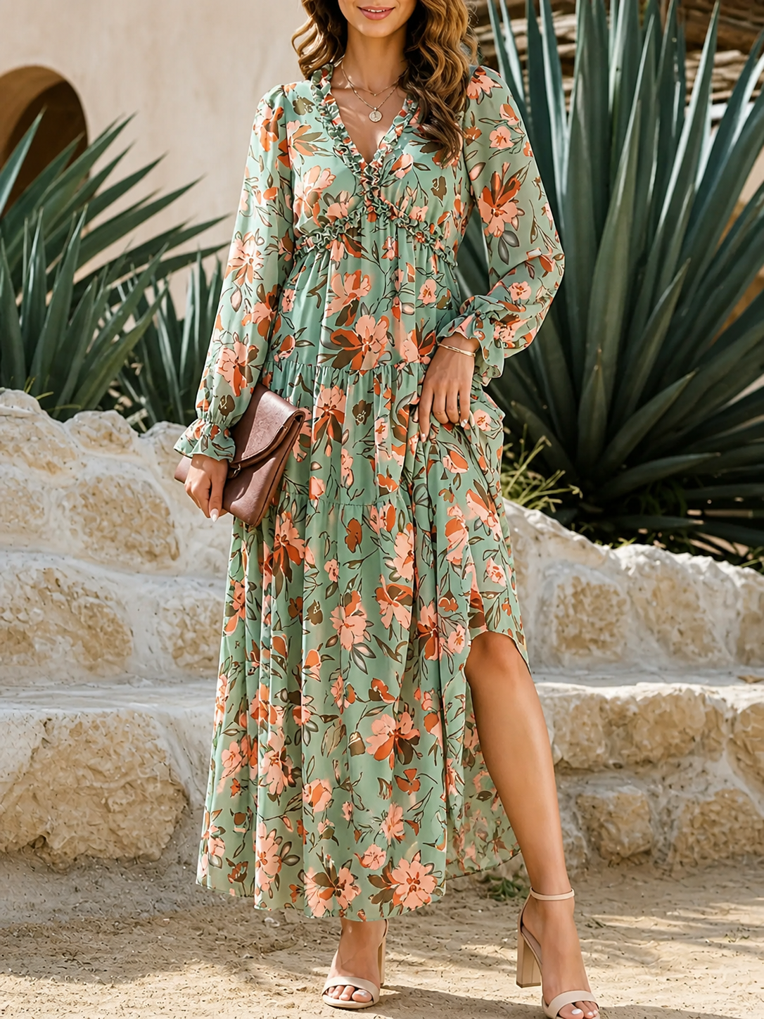Vestido largo de mujer de manga larga con escote en V y falda en capas con estampado floral-Maxi Dress-Casaluzia
