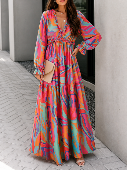 Vestido largo de mujer de manga larga con escote en V y falda en capas con estampado floral-Maxi Dress-Casaluzia