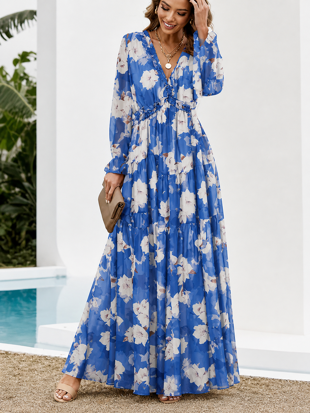 Vestido largo de mujer de manga larga con escote en V y falda en capas con estampado floral-Maxi Dress-Casaluzia